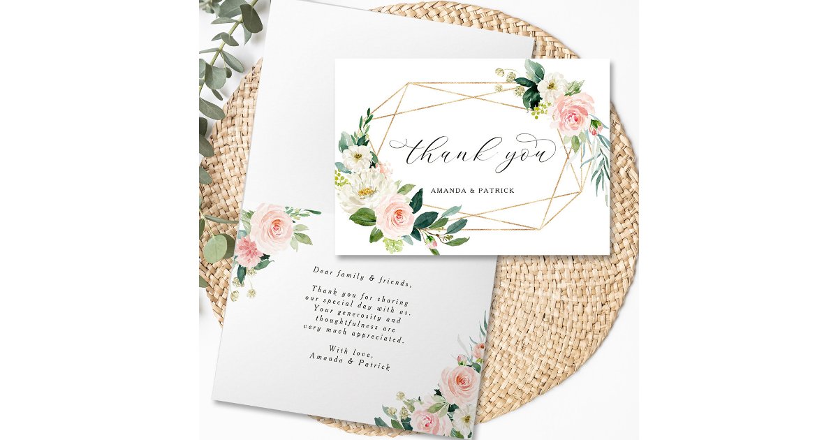 Geometric Gold Frame Blush Pink Floral Thank You Card | Zazzle