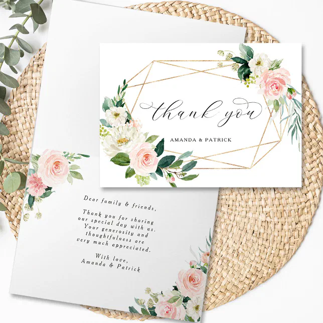 Geometric Gold Frame Blush Pink Floral Thank You Card | Zazzle
