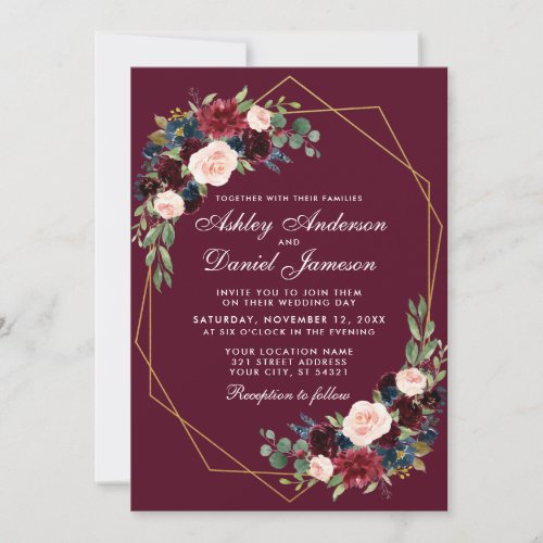 Geometric Gold Frame Burgundy Blue Floral Wedding Invitation