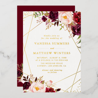 Geometric gold frame burgundy floral wedding foil invitation