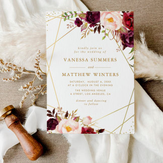 Geometric gold frame burgundy floral wedding invitation