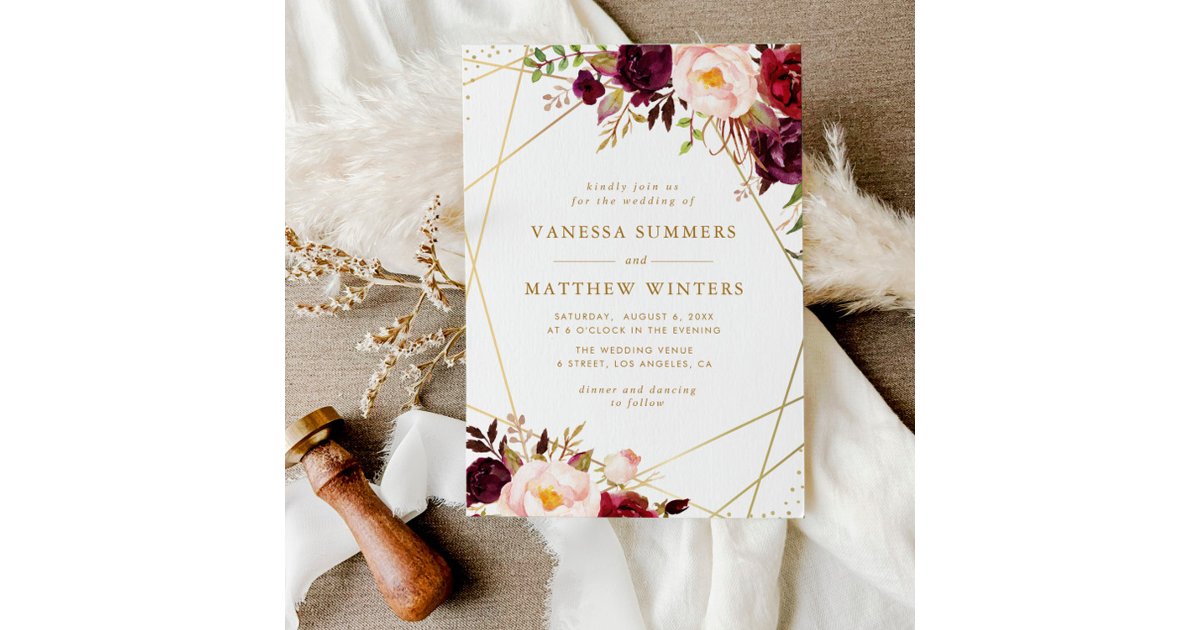 Geometric gold frame burgundy floral wedding invitation | Zazzle