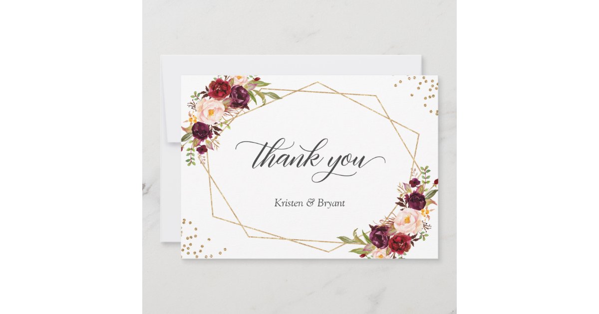 Geometric Gold Frame Burgundy Red Floral Wedding Thank You Card | Zazzle