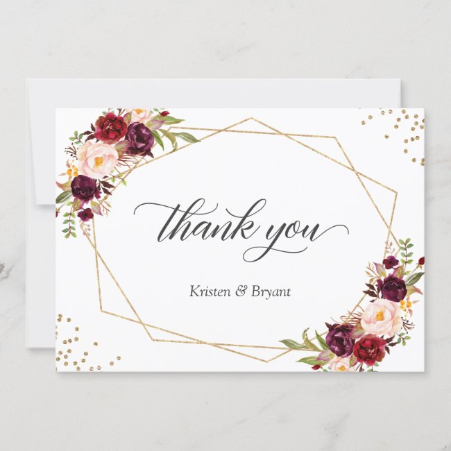 Geometric Gold Frame Burgundy Red Floral Wedding Thank You Card