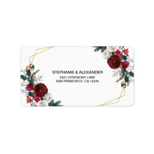 Geometric Gold Frame Burgundy Winter Flowers Label