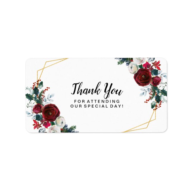 Geometric Gold Frame Burgundy Winter Flowers Label (Front)