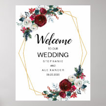 Geometric Gold Frame Burgundy Winter Flowers