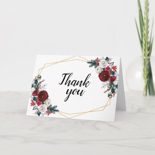 Geometric Gold Frame Burgundy Winter Flowers Thank You Card