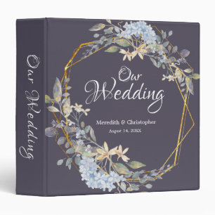 Geometric Gold Frame Dusty Blue Florals Wedding 3 Ring Binder