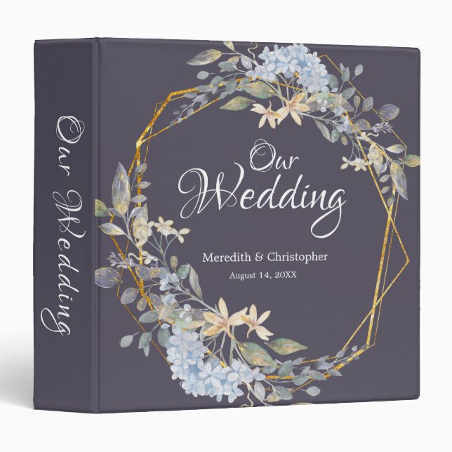 Geometric Gold Frame Dusty Blue Florals Wedding 3 Ring Binder (Front/Spine)