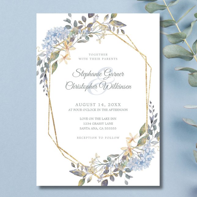 Geometric Gold Frame Dusty Blue Florals Wedding Invitation (Creator Uploaded)