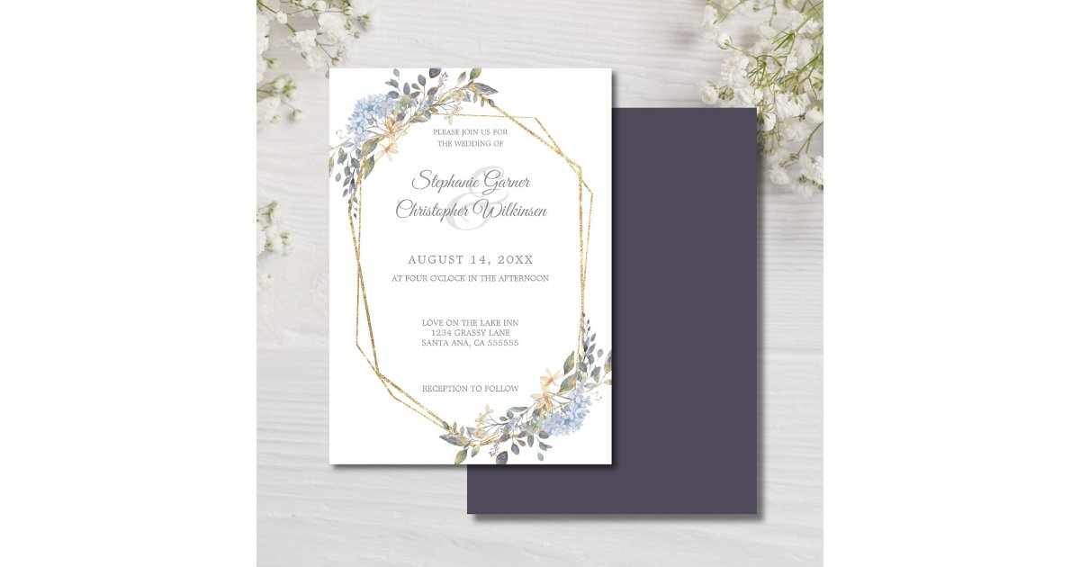 Geometric Gold Frame Dusty Blue Florals Wedding Invitation | Zazzle