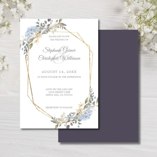 Geometric Gold Frame Dusty Blue Florals Wedding Invitation | Zazzle