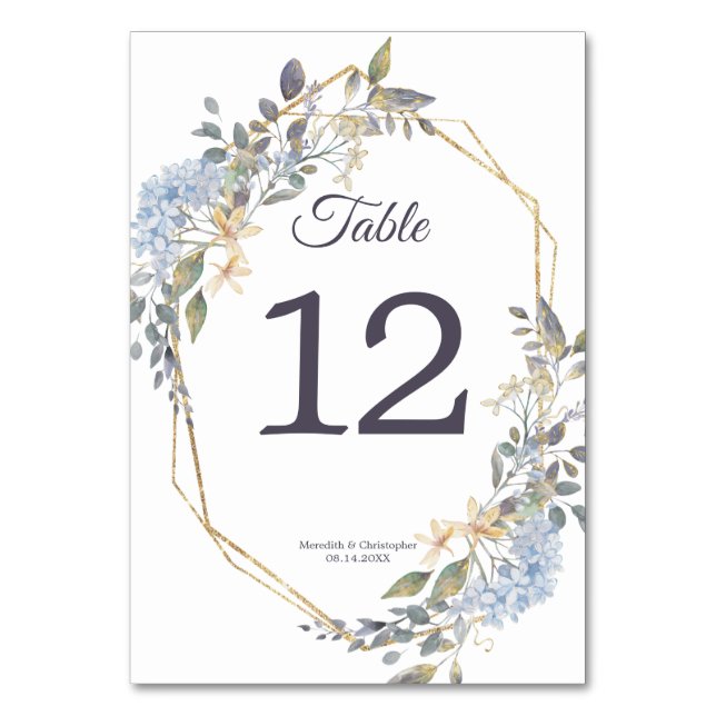 Geometric Gold Frame Dusty Blue Florals Wedding Table Number (Front)
