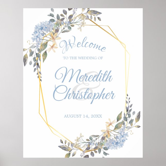 Geometric Gold Frame Dusty Blue Florals Welcome Poster (Front)