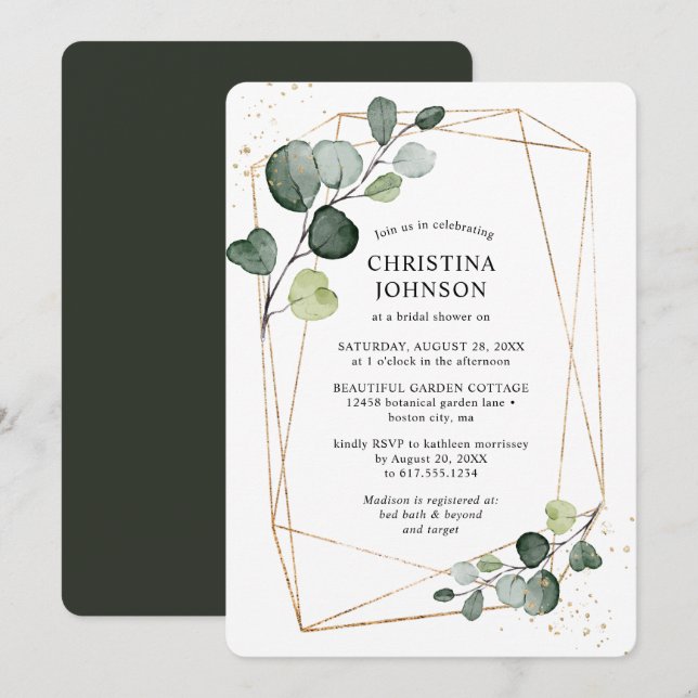 Geometric Gold Frame Eucalyptus Bridal Shower Invitation (Front/Back)