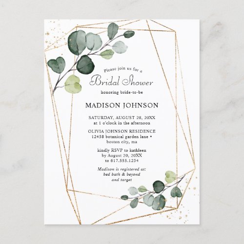 Geometric Gold Frame Eucalyptus Bridal Shower Invitation Postcard