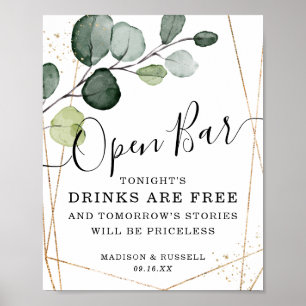Geometric Gold Frame Eucalyptus Open Bar Sign