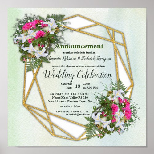 Geometric Gold Frame Flower Bouquet Wedding Poster