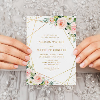 Geometric gold frame pink blush floral wedding invitation