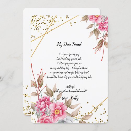 Geometric Gold Frame Pink Fl will be my bridesmaid Invitation