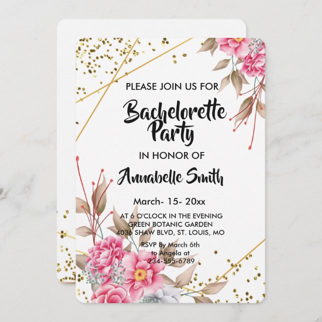 Geometric Gold Frame Pink Floral bachelor Invitation (Front/Back)