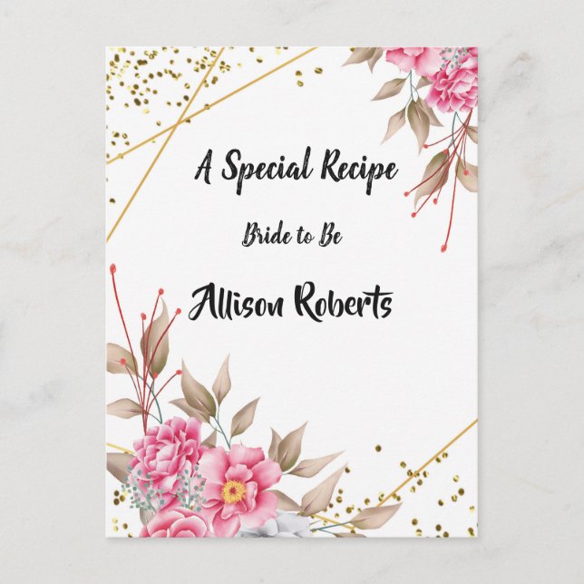 Geometric Gold Frame Pink Floral Bridal Shower Postcard (Front)