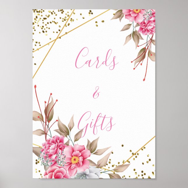 Geometric Gold Frame Pink Floral Cards &Gifts Poster (Front)