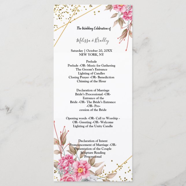 Geometric Gold Frame Pink Floral ceremony Program (Front)