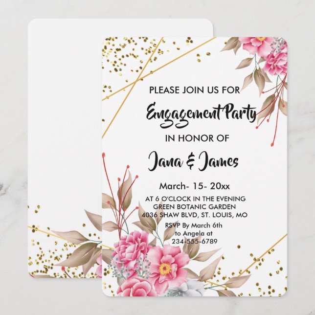 Geometric Gold Frame Pink Floral   Engagement Invitation (Front/Back)