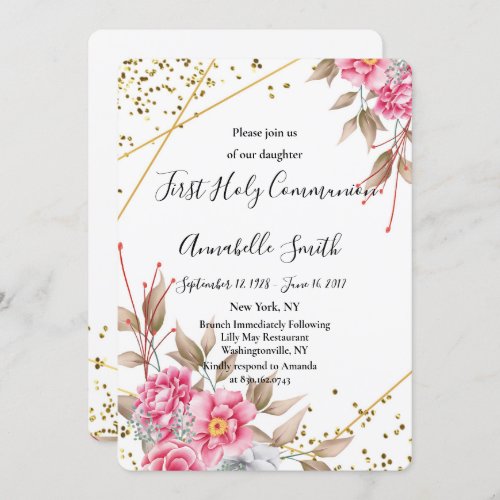 Geometric Gold Frame Pink Floral  First Holy Comm Invitation