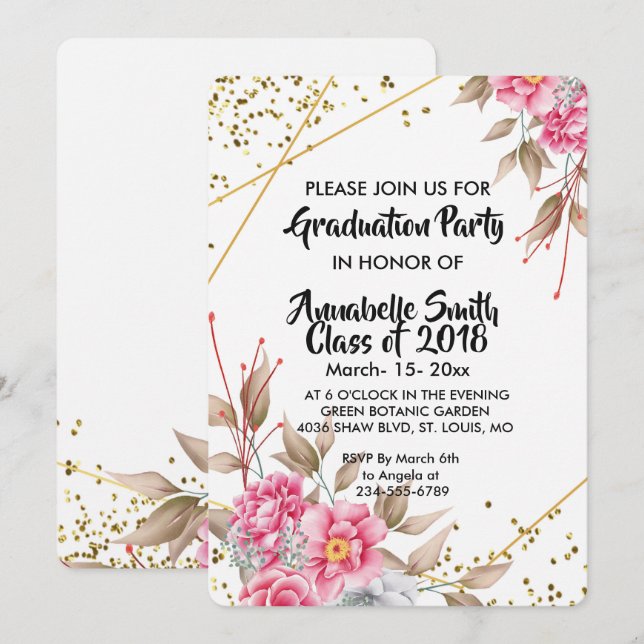 Geometric Gold Frame Pink Floral  Graduation Invitation (Front/Back)