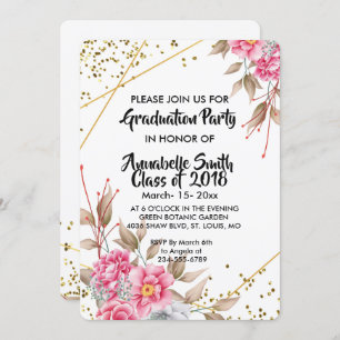 Geometric Gold Frame Pink Floral Graduation Invitation