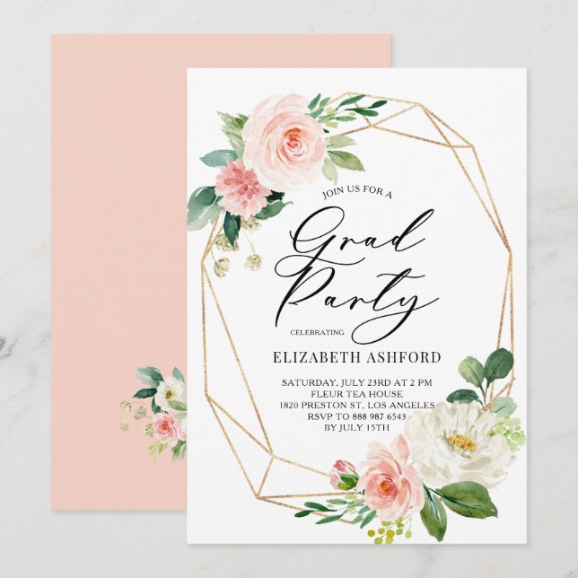 Geometric Gold Frame Pink Floral Graduation Party Invitation (Front/Back)