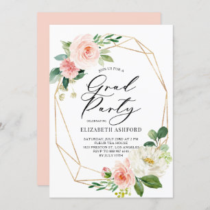 Geometric Gold Frame Pink Floral Graduation Party Invitation