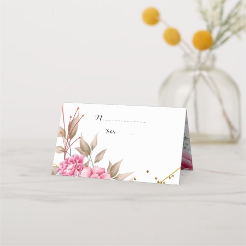 Geometric Gold Frame Pink Floral Place Card