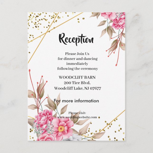 Geometric Gold Frame Pink Floral reception Announcement Postcard (Front)