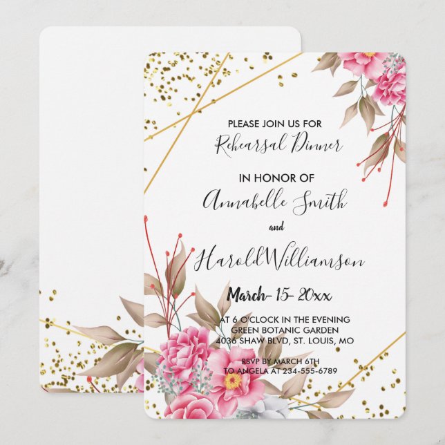 Geometric Gold Frame Pink Floral Rehearsal Dinner Invitation (Front/Back)