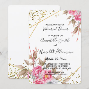 Geometric Gold Frame Pink Floral Rehearsal Dinner Invitation