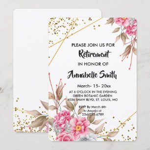 Geometric Gold Frame Pink Floral Retirement Invitation
