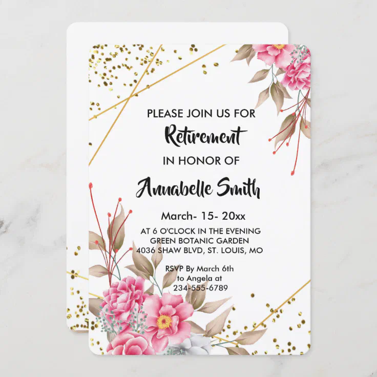 Geometric Gold Frame Pink Floral Retirement Invitation | Zazzle