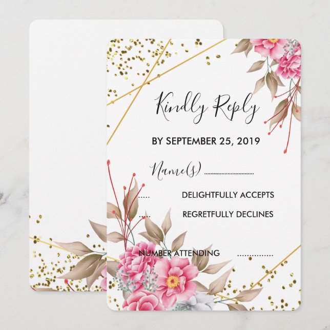 Geometric Gold Frame Pink Floral  RSVP Invitation (Front/Back)