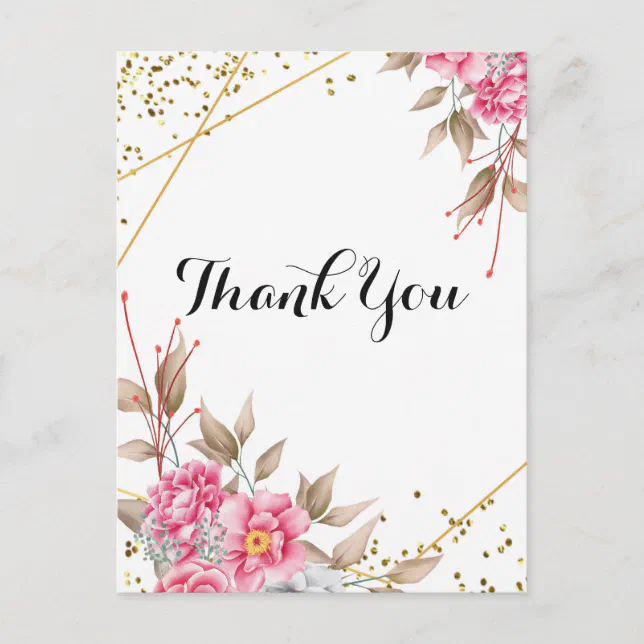 Geometric Gold Frame Pink Floral Thank you Postcard | Zazzle