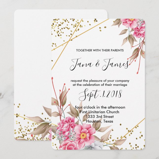 Geometric Gold Frame Pink Floral wedding Invitation (Front/Back)