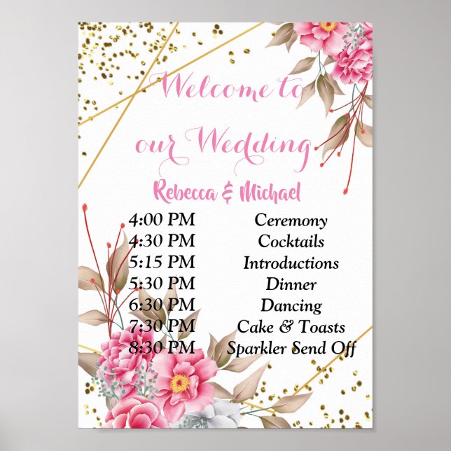 Geometric Gold Frame Pink FloralOrder of Events P Poster (Front)
