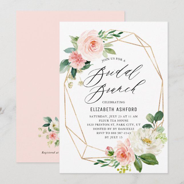Geometric Gold Frame Pink Florals Bridal Brunch Invitation (Front/Back)