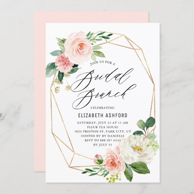 Geometric Gold Frame Pink Florals Bridal Brunch Invitation