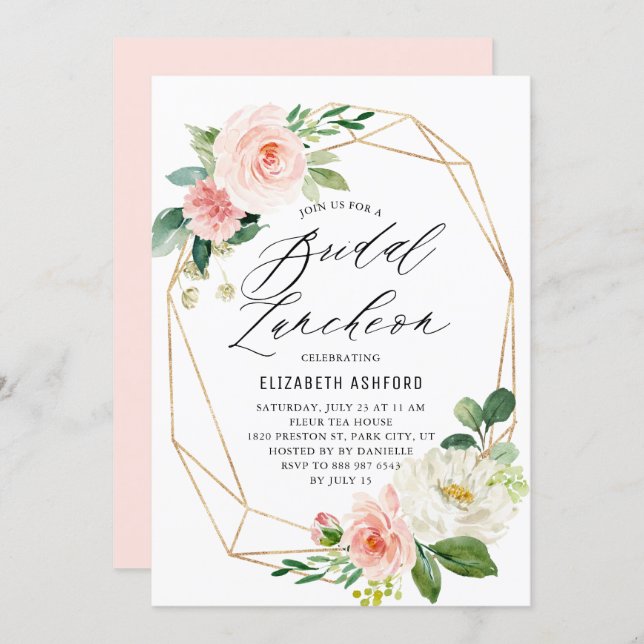 Geometric Gold Frame Pink Florals Bridal Luncheon Invitation (Front/Back)