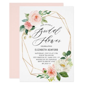 Geometric Gold Frame Pink Florals Bridal Shower Invitation