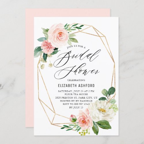 Geometric Gold Frame Pink Florals Bridal Shower Invitation